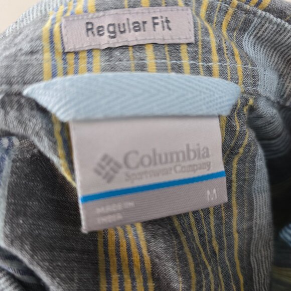 Columbia Shirt Mens Medium Grey Yellow Striped Button Up Short Sleeve Outdoors 1 - Picture 6 of 8